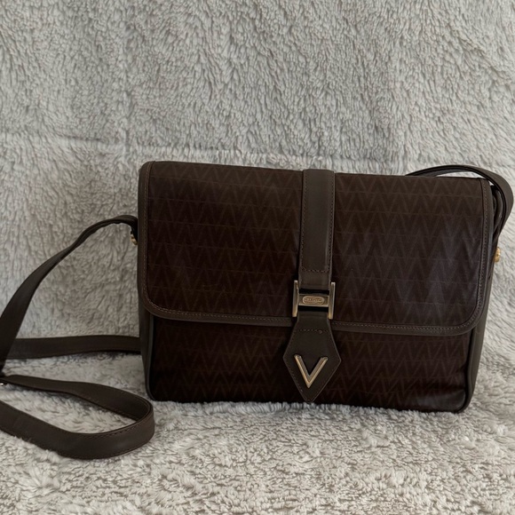 Mario Valentino Vintage Monogram Crossbody Bag – Brown Greige Leather Trim - Picture 1 of 16
